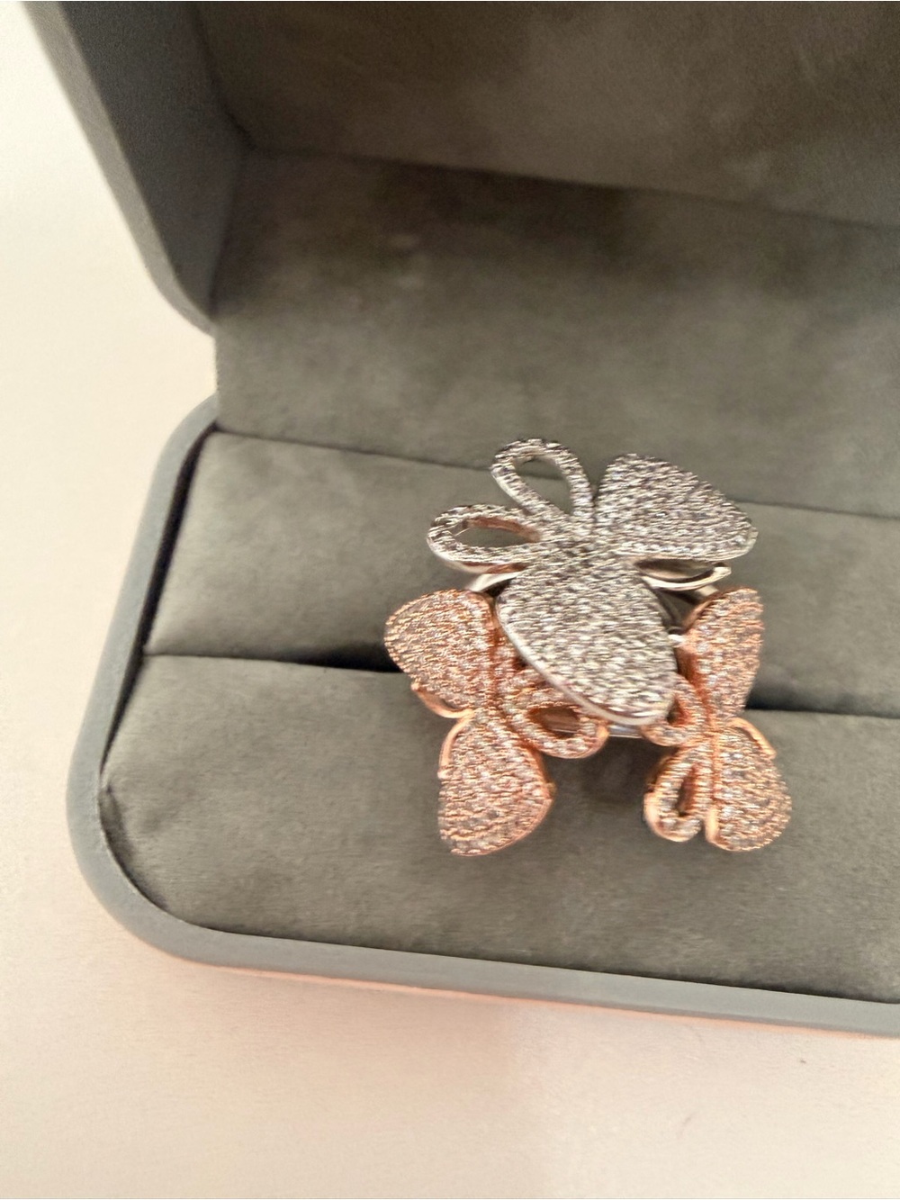 Rose Gold and Silver Pavé Butterfly Statement Ring size 8